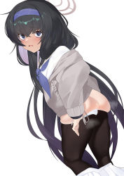 Rule 34 | 1girl, ass, bad id, bad twitter id, black hair, black pantyhose, blue archive, blush, cardigan, clothes pull, hairband, halo, highres, long hair, looking at viewer, off shoulder, open mouth, osanpo02, panties, pantyhose, pantyhose pull, pleated skirt, purple eyes, school uniform, serafuku, simple background, skirt, skirt pull, solo, sweatdrop, ui (blue archive), underwear, very long hair, white background, white panties