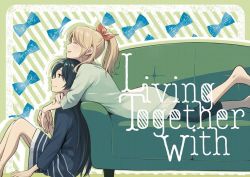 Rule 34 | 2girls, ayase eli, barefoot, black hair, blonde hair, blue bow, blush, bow, commentary request, couch, cover, cover page, english text, from side, hair bow, holding hands, hug, hug from behind, katakura ako, long hair, long sleeves, love live!, love live! school idol project, lying, multiple girls, on stomach, open mouth, ponytail, red bow, sample watermark, sitting, smile, sonoda umi, watermark, yuri