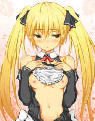 Rule 34 | 1girl, apron, apron lift, bare shoulders, blonde hair, blush, bow, breasts, chiri (atlanta), clothes lift, detached sleeves, dream c club, dream c club (series), elbow gloves, gloves, hair bow, hair ribbon, long hair, looking away, mian (dream c club), navel, neck ribbon, nipples, open clothes, ribbon, solo, twintails, undressing, very long hair, waitress, yellow eyes