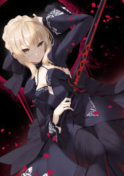 Rule 34 | 1girl, arm up, artoria pendragon (all), artoria pendragon (fate), black background, black choker, black dress, black ribbon, blonde hair, breasts, choker, commentary request, dress, excalibur morgan (fate), fate/grand order, fate (series), feet out of frame, hair between eyes, hair ribbon, highres, holding, holding sword, holding weapon, juliet sleeves, long sleeves, looking at viewer, medium breasts, petals, puffy sleeves, ribbon, rose petals, saber alter, scottie (phantom2), short hair, shrug (clothing), shrugging, sidelocks, solo, sword, weapon, wide sleeves, yellow eyes