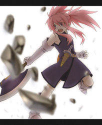 Rule 34 | 00s, 1girl, axe, boots, elbow gloves, fingerless gloves, gloves, knee boots, knife, letterboxed, lowres, pink hair, presea combatir, solo, tales of (series), tales of symphonia, twintails, warrior, weapon