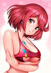 Rule 34 | 1girl, alternate costume, artist name, bikini, blush, breast hold, breasts, cleavage, crop top, crossed arms, earrings, jewelry, large breasts, looking at viewer, neocoill, nintendo, patreon, patreon username, pyra (xenoblade), red eyes, red hair, short hair, smile, solo, swept bangs, swimsuit, underboob, upper body, watermark, xenoblade chronicles (series), xenoblade chronicles 2