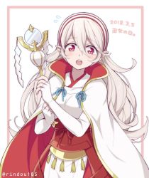 Rule 34 | 1girl, 2018, artist name, blush, corrin (female) (fire emblem), corrin (fire emblem), cosplay, fire emblem, fire emblem fates, fire emblem if, grey hair, hairband, hiyori (rindou66), japanese clothes, kimono, long hair, looking at viewer, nintendo, open mouth, pointy ears, red eyes, sakura (fire emblem), simple background, slit pupils, solo, staff