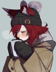 Rule 34 | 1girl, absurdres, animal ear fluff, animal ears, beanie, beige coat, black gloves, black hat, blush, coat, cold, cup, ears through headwear, eyelashes, gloves, green eyes, grey background, half-closed eyes, hat, highres, holding, holding cup, knbn 0728, long eyelashes, long hair, original, paw ornament, red hair, simple background, solo, steam, striped clothes, upper body, winter clothes