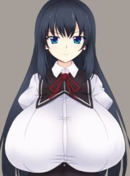 Rule 34 | 1girl, animated, animated gif, black hair, blue eyes, bouncing breasts, breasts, emofuri, closed eyes, gigantic breasts, huge breasts, long hair, looking at viewer, lowres, open mouth, solo, tworship, upper body