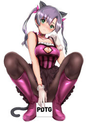 Rule 34 | 1girl, animal ears, black pantyhose, black skirt, blush, boots, bow, breasts, camisole, cat ears, cat tail, cleavage, closed mouth, collar, collarbone, commentary, convenient censoring, frills, full body, gloves, green eyes, hand up, highres, holding, knee boots, long hair, looking at viewer, maruwa tarou, medium breasts, nose blush, original, pantyhose, parted bangs, purple bow, purple footwear, purple hair, see-through, sign, simple background, skirt, solo, spread legs, squatting, striped, tail, top pull, twintails, white background, white gloves