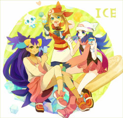Rule 34 | 3girls, bad id, bad pixiv id, bandana, beanie, big hair, blue hair, boots, brown hair, creatures (company), cup, dawn (pokemon), eating, food, game freak, gen 4 pokemon, gen 5 pokemon, gloves, green eyes, hair ornament, hairclip, hat, ice cream, ice cream cone, iris (pokemon), may (pokemon), multiple girls, nintendo, pink footwear, piplup, pokemon, pokemon (creature), popsicle, purple hair, scarf, shito, shito (008 xx1), skirt, themed object, two side up, vanillite, watch, wristwatch, yellow eyes