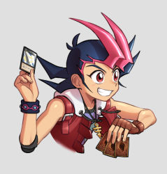 Rule 34 | arm belt, belt, black hair, blush, bracelet, brown gloves, card, commentary request, fingerless gloves, gender request, gloves, grin, hands up, holding, holding card, jewelry, koma yoichi, necklace, pink hair, red eyes, shiny skin, shirt, single glove, sleeveless, smile, solo, spiked hair, teeth, tsukumo yuma, upper body, yu-gi-oh!, yu-gi-oh! zexal