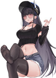 Rule 34 | 1girl, absurdres, azur lane, black choker, black hair, black shirt, black thighhighs, blunt bangs, bra strap, breasts, choker, cleavage, commentary, crop top, crossed legs, cutoffs, foot out of frame, grey shorts, hand up, hat, highres, large breasts, long hair, midriff, navel, no shoes, noshiro (azur lane), ribbed shirt, shirt, short shorts, shorts, simple background, single bare shoulder, sitting, solo, stomach, sunglasses, thighhighs, thighs, very long hair, white background, yuanqi (chriu)
