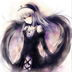 Rule 34 | 00s, abudala, dress, hairband, highres, long hair, pink eyes, rozen maiden, solo, suigintou, white hair, wings