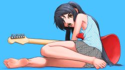 Rule 34 | 1girl, bare legs, bare shoulders, barefoot, black hair, blue background, brown eyes, camisole, electric guitar, feet, full body, guitar, highres, instrument, k-on!, long hair, looking at viewer, nakano azusa, seto yuuki (splinter 123), simple background, sitting, skirt, soles, solo, toes, twintails