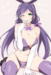 Rule 34 | 1girl, animal ears, bikini, biting, blush, bow, bowtie, breasts, clearite, cleavage, commentary request, detached collar, elbow gloves, glove biting, gloves, grin, hair ribbon, happy birthday, large breasts, long hair, love live!, love live! school idol project, navel, one eye closed, panties, purple bikini, purple hair, purple panties, purple thighhighs, rabbit ears, rabbit girl, rabbit tail, ribbon, simple background, sitting, smile, solo, stomach, swimsuit, tail, thighhighs, tojo nozomi, twintails, underwear, very long hair, wariza, white gloves