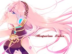 Rule 34 | 1girl, bad id, bad pixiv id, blue eyes, breasts, detached sleeves, eyelashes, from side, half-closed eyes, headphones, long hair, manle, megurine luka, music, nail polish, open mouth, pink hair, profile, simple background, singing, solo, vocaloid, white background