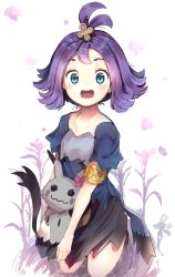Rule 34 | 1girl, absurdres, acerola (pokemon), alternate color, blue dress, blue eyes, blush, collarbone, commentary request, creatures (company), cropped legs, dress, elite four, flipped hair, game freak, gen 7 pokemon, hair ornament, highres, holding, holding pokemon, looking at viewer, mimikyu, nintendo, open mouth, pokemon, pokemon (creature), pokemon sm, purple hair, ranf, shiny pokemon, short hair, short sleeves, trial captain