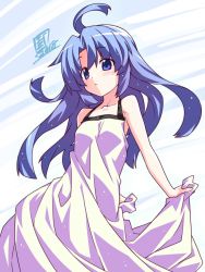 Rule 34 | 1girl, ahoge, artist name, bad id, bad twitter id, blue eyes, blue hair, closed mouth, commentary request, cowboy shot, dated, dress, frown, highres, long dress, long hair, looking to the side, original, signature, skirt hold, sleeveless, sleeveless dress, solo, standing, take shinobu