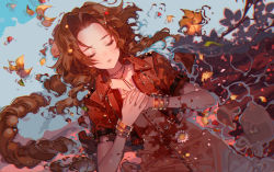Rule 34 | 1girl, aerith gainsborough, artist name, blood, blood on clothes, blush, bracelet, braid, brown hair, buckle, commentary request, cropped jacket, death, detached hair, dress, closed eyes, final fantasy, final fantasy vii, flower, forehead, from above, hands on own chest, jacket, jewelry, kawacy, lying, necklace, on back, open clothes, open jacket, own hands together, parted lips, pink dress, red jacket, solo, spoilers