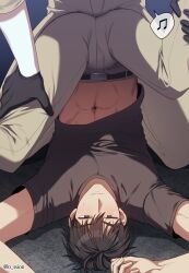 Rule 34 | 2boys, abs, belt, black gloves, brown eyes, brown hair, brown shirt, clothes lift, gloves, grey pants, hand on another&#039;s thigh, highres, ilay riegrow, jeong taeui, lying, male focus, multiple boys, muscular, muscular male, musical note, o ssion, on back, on floor, pants, passion (manhwa), shirt, shirt lift, short hair, speech bubble, sweatdrop, yaoi