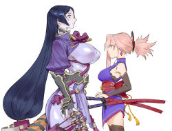Rule 34 | 2girls, angry, arrow (projectile), bare shoulders, blue eyes, breasts, cube hair ornament, detached sleeves, earrings, fate/grand order, fate (series), hair ornament, height difference, highres, huge breasts, japanese clothes, jewelry, katana, large breasts, long hair, looking at another, looking down, looking up, low-tied long hair, lucaxu1991, minamoto no raikou (fate), miyamoto musashi (fate), miyamoto musashi (first ascension) (fate), multiple girls, obi, pink hair, ponytail, puffy sleeves, purple hair, quiver, red rope, rope, sash, scabbard, sheath, simple background, size difference, skin tight, sword, thighhighs, vambraces, very long hair, weapon, white background, zettai ryouiki