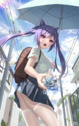 Rule 34 | 1girl, backpack, bag, blue skirt, blue sky, bottle, chinese commentary, city, cloud, commentary request, cone hair bun, cowboy shot, from below, genshin impact, hair between eyes, hair bun, hair ornament, highres, holding, holding bottle, holding umbrella, keqing (genshin impact), long hair, looking at viewer, open mouth, panties, pantyshot, pleated skirt, purple hair, red eyes, shirt, skirt, skirt caught on object, sky, solo, splashing, standing, striped clothes, striped panties, teeth, thighhighs, twintails, umbrella, underwear, upper teeth only, utility pole, water, water bottle, white shirt, white thighhighs, yuxing yuhang