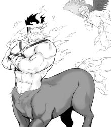 Rule 34 | 2boys, ?, abs, absurdres, beard, blush, boku no hero academia, centaur, chest harness, crossed arms, endeavor (boku no hero academia), facial hair, feathered wings, fire, flying, greyscale, harness, hawks (boku no hero academia), helen roro, highres, large pectorals, male focus, mature male, monochrome, monsterification, multiple boys, muscular, muscular male, navel, nipples, pectorals, scar, scar across eye, scar on face, short hair, sideburns, spiked hair, stubble, tail, taur, wings, yaoi