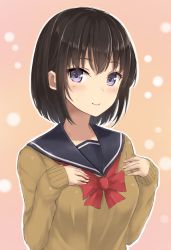 Rule 34 | 1girl, arms at sides, black hair, blush, bob cut, brown sweater, closed mouth, hands on own chest, looking at viewer, monoku, original, purple eyes, school uniform, serafuku, short hair, sidelocks, sleeves past wrists, smile, solo, sweater, uniform, upper body