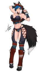 Rule 34 | 1girl, absurdres, airisubaka, animal ears, armpits, arms up, artist name, bare shoulders, black hair, blue hair, boots, bow, breasts, cleavage, collarbone, commentary, commission, detached collar, english commentary, eyes visible through hair, full body, highres, large breasts, looking at viewer, midriff, multicolored hair, navel, original, panties, red bow, shin guards, simple background, sleeveless, smile, solo, stomach, tail, underwear, watermark, white background, white hair, wolf ears, wolf girl, wolf tail, yellow eyes