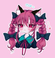Rule 34 | 1girl, :3, animal ear fluff, animal ears, blush, bow, bowtie, braid, cat day, cat ears, dress, extra ears, fish, green dress, highres, kaenbyou rin, outline, paw print, pink background, pointy ears, puffy sleeves, red bow, red bowtie, red eyes, red hair, renakobonb, simple background, slit pupils, solo, touhou, twin braids, white outline