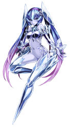 Rule 34 | 1girl, bare shoulders, blue hair, blue skin, breasts, bridal gauntlets, colored skin, crotch, elemental (creature), full body, glacies (monster girl encyclopedia), headband, ice, ice elemental, kenkou cross, long hair, looking at viewer, medium breasts, monster girl, monster girl encyclopedia, multicolored hair, navel, no feet, no panties, official art, simple background, snowflakes, solo, spirit, thighhighs, twintails, two-tone hair, very long hair, white background