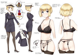 Rule 34 | 1girl, ass, azur lane, back, black bra, black footwear, black necktie, black panties, black thighhighs, blonde hair, blue eyes, blue jacket, blue skirt, bra, breasts, character name, character sheet, clothes on/clothes off, collared shirt, dress shirt, female commander (azur lane), from behind, from side, full body, garter belt, gloves, hat, high heels, highres, jacket, lace, lace-trimmed bra, lace trim, large breasts, light smile, long sleeves, medal, military uniform, minase (takaoka nanase), miniskirt, mole, mole on back, mole on breast, multiple views, navel, necktie, original, panties, peaked cap, pencil skirt, see-through, shirt, shoes, short hair, skirt, standing, stomach, thighhighs, thong, turnaround, underwear, uniform, white background, white gloves, white headwear, white shirt, wing collar