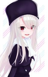 Rule 34 | 1girl, absurdres, black hat, black jacket, commentary request, fate/stay night, fate (series), from side, hat, highres, illyasviel von einzbern, jacket, long hair, looking at viewer, open mouth, red eyes, smile, solo, striped, striped background, user afpk7473, white hair