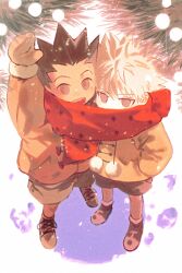 Rule 34 | 2boys, aged down, arm up, black hair, blue eyes, child, christmas, christmas tree, commentary, gon freecss, hand in pocket, highres, hunter x hunter, jacket, killua zoldyck, long sleeves, male focus, multiple boys, open mouth, outdoors, red scarf, scarf, shared clothes, shared scarf, shenshan laolin, shoes, short hair, shorts, smile, standing, symbol-only commentary, white hair, winter, winter clothes, winter gloves