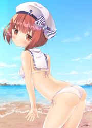 Rule 34 | 10s, 1girl, absurdres, ass, bad anatomy, beach, bikini, blue sky, blush, bow, breasts, brown eyes, brown hair, character name, closed mouth, clothes writing, cloud, contrail, cowboy shot, day, from side, hat, hat bow, highres, horizon, kantai collection, leaning forward, looking at viewer, ocean, outdoors, sailor bikini, sailor collar, sailor hat, short hair, side-tie bikini bottom, signature, sky, small breasts, smiley face, solo, string bikini, striped, striped bow, swimsuit, water, white bikini, white hat, yuu zaki, z3 max schultz (kancolle)