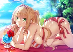 Rule 34 | 1girl, ahoge, all fours, ass, beach, beach mat, bikini, blonde hair, blue hawaii, blue sky, blush, breasts, commentary request, criss-cross halter, day, earrings, fate/grand order, fate (series), green eyes, hair intakes, halterneck, izumi akane, jewelry, large breasts, long hair, looking at viewer, navel, nero claudius (fate), nero claudius (fate) (all), nero claudius (swimsuit caster) (fate), ocean, outdoors, sand, side-tie bikini bottom, sidelocks, sky, smile, solo, striped bikini, striped clothes, sunlight, swimsuit, tropical drink, twintails, twitter username