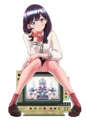Rule 34 | 1girl, black hair, black skirt, blue eyes, blush, bow, brown footwear, cardigan, closed mouth, collared shirt, commentary request, computer, gridman (ssss), gridman universe, head tilt, knees together feet apart, light frown, loafers, long hair, long sleeves, miniskirt, pigeon-toed, pleated skirt, red bow, red socks, revision, shirt, shoes, sitting, skirt, socks, solo, ssss.gridman, takarada rikka, white background, white cardigan, white shirt, yoka1chi