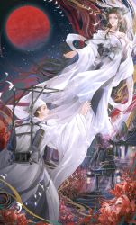Rule 34 | 1boy, 1girl, absurdres, backpack, bag, bandana, bare shoulders, black hair, chinese clothes, dress, floating, flower, flying, full moon, gate, glowing bird, highres, long hair, moon, mountain, night, off-shoulder dress, off shoulder, original, reaching, reaching towards viewer, red moon, short hair, smoke, spider lily, stairs, youyou yuni wan