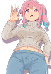 Rule 34 | 1girl, :d, absurdres, blue hair, breasts, commentary, cowboy shot, denim, earrings, from below, grey sweater, groin, hair intakes, hand on own hip, hand up, highres, hozuki kaede, jeans, jewelry, large breasts, long hair, long sleeves, looking at viewer, midriff peek, multicolored hair, namari siro, navel, onii-chan wa oshimai!, open mouth, pants, pink eyes, pink hair, ribbed sweater, side ponytail, sidelocks, simple background, smile, solo, stud earrings, sweater, turtleneck, turtleneck sweater, two-tone hair, waving, white background