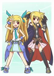 Rule 34 | 2girls, alicia testarossa, armor, bare shoulders, belt, blonde hair, bluefencer, blush, buckle, cape, fate testarossa, gloves, hair ribbon, long hair, lyrical nanoha, mahou shoujo lyrical nanoha innocent, multiple girls, necktie, one eye closed, open mouth, red eyes, reverse (bluefencer), ribbon, siblings, sisters, skirt, sleeveless, star (symbol), thighhighs, twintails, two side up, v, wink, wrist cuffs