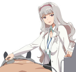Rule 34 | 1girl, a1 (initial-g), doctor, erection, examination, hairband, id tag, idolmaster, idolmaster (classic), lab coat, long hair, looking at viewer, medical examination, name tag, penis, pov, purple eyes, shijou takane, silver hair, simple background, ultrasound, very long hair, white background