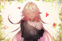 1girl blonde_hair choker closed_eyes collarbone floating_hair head_tilt heart ia_(vocaloid) krin_(krinnin) long_hair off-shoulder_shirt off_shoulder shirt smile solo tears upper_body very_long_hair vocaloid