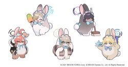 Rule 34 | 5girls, ahoge, akane (blue archive), animal costume, animal ears, arm up, asuna (blue archive), black hair, blonde hair, blue archive, blush, braid, broom, chibi, cleaning &amp; clearing (blue archive), commentary request, cup, dark-skinned female, dark skin, duster, ekoru, glasses, halo, holding, holding broom, holding tray, jacket, karin (blue archive), light brown hair, looking at viewer, mole, mole under each eye, mole under eye, multiple girls, multiple moles, neru (blue archive), official art, orange hair, rabbit costume, rabbit ears, rabbit tail, red eyes, scarf, sukajan, sweatdrop, tail, teacup, teapot, toki (blue archive), tray