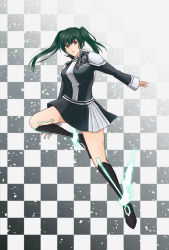 Rule 34 | 1girl, bad id, bad pixiv id, black footwear, black jacket, black order uniform, black skirt, boots, checkered background, closed mouth, d.gray-man, floating hair, full body, gradient background, green hair, hair between eyes, highres, jacket, knee boots, leg up, lenalee lee, long hair, long sleeves, miniskirt, outstretched arm, purple eyes, skirt, solo, tsujimura lila, two-tone skirt, uniform, white skirt
