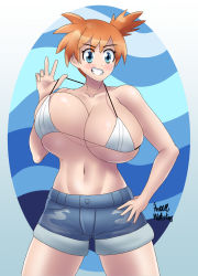 Rule 34 | 1girl, artist name, azraelwebster, bikini, bikini top only, blue eyes, blush, breasts, cleavage, collarbone, creatures (company), denim, denim shorts, game freak, hand on own hip, highres, huge breasts, looking at viewer, misty (pokemon), navel, nintendo, orange hair, pokemon, pokemon lgpe, short hair, shorts, smile, solo, stomach, strap pull, swimsuit, thighs, v