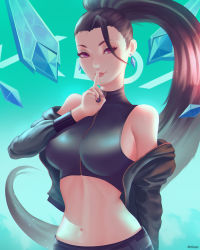 Rule 34 | 1girl, black hair, breasts, finger to mouth, floating hair, green background, highres, k/da (league of legends), kai&#039;sa, large breasts, league of legends, long hair, mcdobo, midriff, navel, parted lips, ponytail, purple eyes, solo, the baddest kai&#039;sa, very long hair