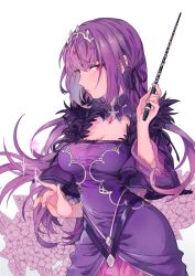 Rule 34 | 1girl, breasts, cleavage, commentary request, cowboy shot, dress, fate/grand order, fate (series), flower, fur trim, hair between eyes, headpiece, highres, hydrangea, jewelry, large breasts, long hair, looking at viewer, platinum (o0baijin0o), purple dress, purple hair, purple theme, red eyes, runes, scathach (fate), scathach skadi (fate), solo, tiara, wand, white background