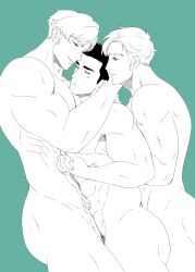 Rule 34 | 3boys, ao isami, armpit hair, armpit hair peek, ass, bara, black hair, blonde hair, blush, boy sandwich, clone, comforting, completely nude, couple, facial hair, fingering, fingering through clothes, fingering through panties, fle0423, green background, greyscale with colored background, highres, holding hands, interlocked fingers, large pectorals, lewis smith, male focus, male pubic hair, multiple boys, muscular, muscular male, nude, pectorals, pubic hair, sandwiched, sideburns stubble, stubble, thick eyebrows, thick thighs, thighs, through clothes, yaoi, yuuki bakuhatsu bang bravern