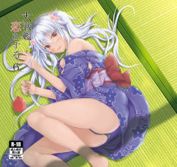 Rule 34 | 1girl, bare legs, barefoot, blue kimono, blush, breasts, commentary request, dark-skinned female, dark skin, eyelashes, eyes visible through hair, female focus, floral print, from above, glasses, green background, grey nails, hair between eyes, hands up, highres, holding, japanese clothes, jewelry, kantai collection, kimono, large breasts, long hair, long sleeves, looking at viewer, mashiro yukiya, musashi (kancolle), musashi kai ni (kancolle), nail polish, obi, object request, on floor, open mouth, panties, print kimono, raised eyebrows, red obi, ring, sash, semi-rimless eyewear, solo, tatami, underwear, wedding band, wide sleeves