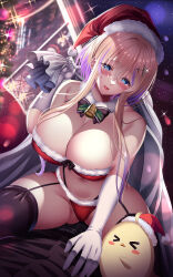 Rule 34 | &gt; &lt;, 1boy, 1girl, :p, absurdres, azur lane, bag, bell, bikini, black shirt, black thighhighs, blonde hair, blue eyes, blurry, blurry background, blush, breasts, christmas, christmas tree, cleavage, commentary request, detached collar, garter straps, gloves, hair ornament, hairclip, hat, highres, large breasts, long hair, looking at viewer, manjuu (azur lane), marblehead (azur lane), multicolored hair, navel, neck bell, purple hair, santa bikini, santa hat, shirt, sidelocks, sitting, sitting on person, streaked hair, swimsuit, thighhighs, tongue, tongue out, two-tone hair, variant set, white gloves, yuuzuki hijiri