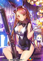 Rule 34 | &gt;:), 1girl, animal ears, bare shoulders, black bow, black bowtie, black dress, blush, bottle, bow, bowtie, breasts, brown eyes, brown hair, cleavage, closed mouth, copyright name, dress, fake animal ears, gun, hairband, hand up, indoors, large breasts, light particles, light rays, long hair, looking at viewer, nightclub, official art, popqn, qurare magic library, rabbit ears, short dress, simple background, sitting, smile, solo, v-shaped eyebrows, watermark, weapon, wing collar, wrist cuffs