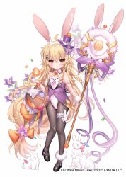 Rule 34 | 1girl, ahoge, animal, animal ears, bare shoulders, black footwear, blonde hair, blush, braid, commentary request, egg, fake animal ears, flower, flower knight girl, grey pantyhose, hair between eyes, hair ornament, hairband, hairclip, hat, highres, holding, holding staff, kuko (flower knight girl), leotard, long hair, looking at viewer, mini hat, mini top hat, official art, pantyhose, parted lips, playboy bunny, purple flower, purple hat, purple vest, rabbit, rabbit ears, red eyes, shiodome oji, shoes, simple background, solo, staff, strapless, strapless leotard, tilted headwear, top hat, very long hair, vest, white background, white hairband, white leotard, x hair ornament