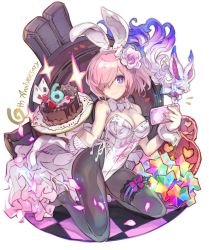 Rule 34 | 1girl, alternate costume, animal ears, anniversary, bare shoulders, bow, bowtie, breasts, cake, cleavage, commentary request, fake animal ears, fate/grand order, fate (series), food, hair over one eye, haku (sabosoda), high heels, holding, holding phone, kneeling, large breasts, leotard, looking at viewer, mash kyrielight, pantyhose, phone, pink hair, playboy bunny, purple eyes, rabbit ears, shield, short hair, simple background, smile, solo, strapless, strapless leotard, white background, wrist cuffs